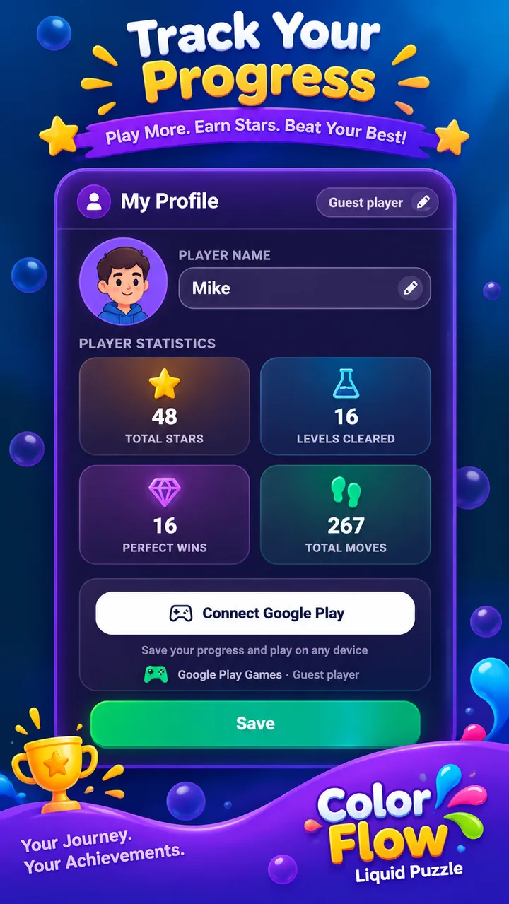 Color Flow player profile and Google Play Games cloud progress sync