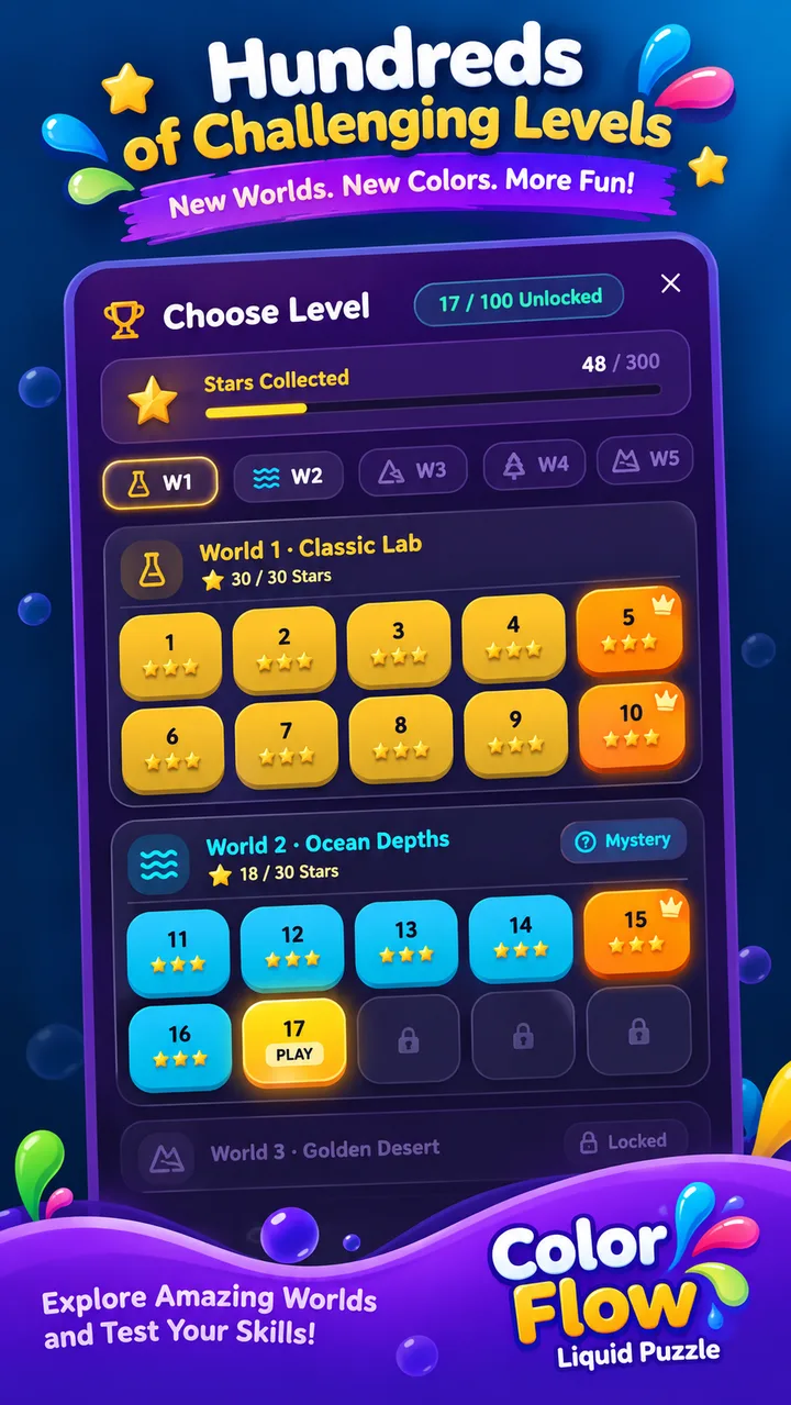 Color Flow 100 levels puzzle saga map across 10 worlds